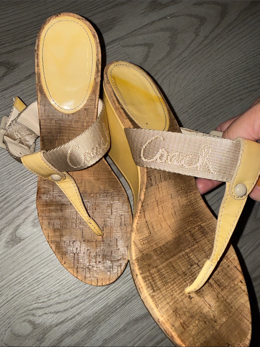 Coach Yellow Cork Thong wedges with Embroidered Strap